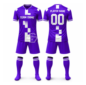 Conjunto de Uniforme de Fútbol Personalizado Azul para Hombre, Cuello en V, Manga Corta, Transpirable, de Poliéster, con Nombre del Equipo - Product Image 2
