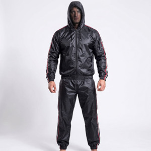 Traje de sauna con capucha y logotipo personalizado OEM, para pérdida de peso, deportivo, para gimnasio, cintura elástica, uso doméstico, para todas las estaciones, de poliéster, con cinta lateral. - Product Image 4
