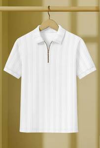 <b>White</b> Ribbed Polo T Shirt Men Short Sleeve <b>Quarter</b> <b>Zip</b> Knitted Casual Summer Tee Anti Pilling Breathable - Product Image 3
