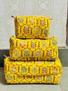 Yellow Toiletry Bag Embroidered Cotton Cosmetic Bag Bohemian Style Multi Function Zipper Large Capacity <b>Makeup</b> Organizer - Product Image 5