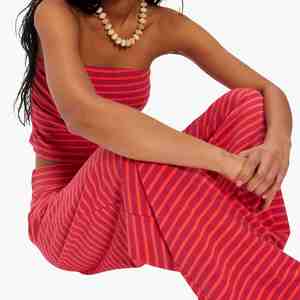 Custom Logo Ladies Cotton Red Women's Autumn Clothing <b>Two</b> <b>Piece</b> <b>Sets</b> Striped Strapless Tube Top Wide Leg Pants <b>Sets</b> - Product Image 4