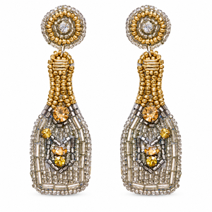Boucles d'oreilles artisanales brodées en forme de bouteille de champagne avec perles dorées et argentées, strass en cristal et accents en pierre ambrée, élégantes - Product Image 1