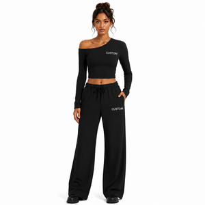 Ensemble de yoga pour femme, haut court à épaules dénudées et pantalon large, tenue de sport, ensemble fitness 2 pièces, survêtement d'entraînement, logo personnalisé - Product Image 1