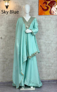 Conjunto de Kurti Sharara Gharara con bordado indio de última moda, tela Georgette, rojo, para fiesta, ropa étnica, con espejos, elegante, listo para usar. - Product Image 4