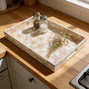 blossom craft india <b>Square</b> Mother-of-Pearl Inlay Tray Natural Shell Tray with Handle - Product Image 4