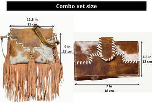 New High Quality Hand-Stitch Leather Cowhide Fringe Crossbody <b>Bags</b> & Genuine Cowhide Leather Bifold Wallet Set 2 Pcs for Women's - Product Image 2