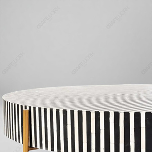 Mother of Pearl Bone Inlay <b>Round</b> Coffee <b>Table</b> Handcrafted Striped Geometric MOP Wooden Center <b>Table</b> Luxury Living Room Furniture - Product Image 3