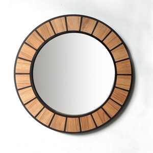 Miroir mural en bois avec mosaïque de verre rouge et jaune en forme ronde pour chambre à coucher - Product Image 6