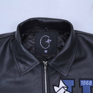 The Standard Men Black Leather Bomber <b>Jacket</b> With Embroidered Hampton Patch Zipper Front Turn-down Collar Preppy Style <b>Jackets</b> - Product Image 6