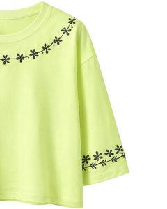 Camiseta Corta Verde Lima para Mujer, Estampado Floral, Manga Corta, Informal, Mezcla de Algodón Suave, Top de Verano para Mujer, Venta al Por Mayor - Product Image 3