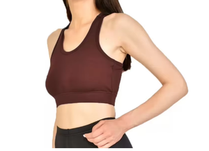 Soutien-gorge de sport pour femme à maintien moyen, marron uni, col rond, débardeur respirant à séchage rapide pour la gym et le yoga - Product Image 3
