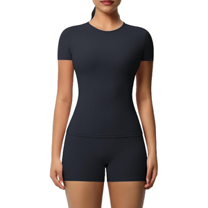 Conjunto Deportivo de 2 Piezas para Mujer, Color Verde Claro, Top de Manga Corta, Pantalones Cortos de Cintura Alta, Tejido Sólido Transpirable, Primavera Verano - Product Image 5
