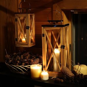 Farol de viento de madera vintage, portavelas con panel de cristal, tarro de vela de madera irregular para decoración de bodas y hogar - Product Image 2