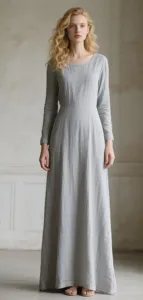 Robe longue vintage gris clair pour femme, manches longues, coupe ajustée, en lin respirant, robe décontractée - Product Image 4