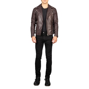 Veste en cuir bordeaux pour homme, coupe ajustée, col rabattu, fermeture éclair, pour l'automne - Product Image 4