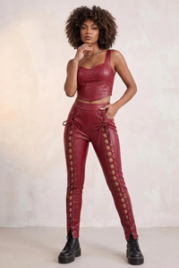 red <b>Lace</b> <b>up</b> Genuine <b>Leather</b> <b>Pants</b> High Waist Gothic Trousers Formal Skinny Fit Full Length Clubwear Streetwear - Product Image 2