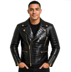 Veste moto en cuir PU noir pour homme, effet crocodile, avec fermetures éclair dorées, coupe ajustée, col rabattu, style automne - Product Image 1