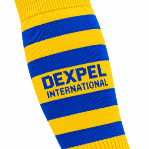 ถุงเท้าสูงถึงเข่าสีเหลืองลายทางสีน้ำเงินสำหรับกีฬาฟุตบอลทีมชาติ Dexpel International ราคาถูก รับผลิตตามแบบ OEM - Product Image 5