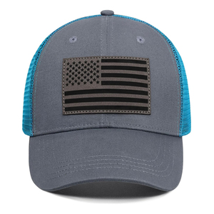 <b>Navy</b> Blue Trucker Cap With American Flag Patch Tan Brim Unisex Adjustable 6-Panel Casual <b>Hat</b> - Product Image 5