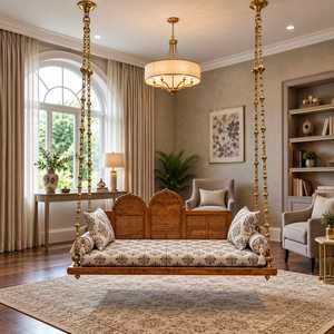 Banc suspendu Jhula artisanal en bois au design traditionnel, avec dossier sculpté orné, suspension à chaîne en laiton et assise rembourrée pour balcon - Product Image 4