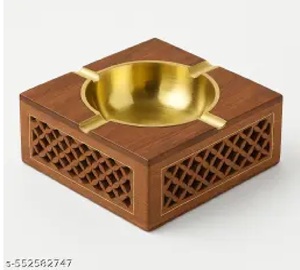 Cenicero de madera con incrustaciones de latón antiguo hecho a mano, con cuenco dorado, bandeja de lujo de madera maciza para fumar, para decoración del hogar y oficina, y regalo para el Día del Padre - Product Image 1
