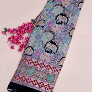 Tissu Crêpe Léger Paisley Rouge Cramoisi Riche avec Broderie de Paillettes, Motif Éléphant et Paon Daman, 54 Pouces, Matériau pour Sari Ethnique Indien - Product Image 2