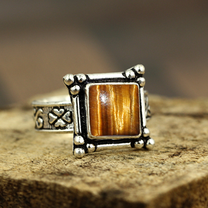 Bague Gourik en argent sterling 925 avec œil de tigre, style bohème du Sud-Ouest, sertie d'une pierre précieuse carrée, vintage, pour usage quotidien, oxydée, pour femme - Product Image 3