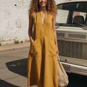 Vestido Maxi de Lino Ecológico para Mujer, Manga Corta, Cintura Alta, Corte Regular, Diseño Escalonado, Estilo Casual de Verano para Playa, Largo y Fluido - Product Image 6
