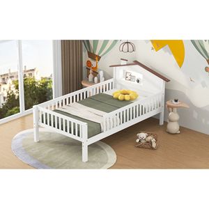 Letto a piattaforma in legno bianco per bambini, misura twin, con testiera a LED a forma di casetta e contenitore integrato - Product Image 4