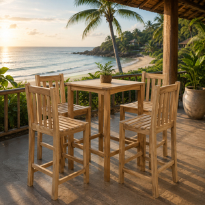 Laguna Teak Commercial Use <b>Bar</b> Set Square <b>Table</b> 4 Slat Back Chairs Outdoor <b>Bar</b> Furniture Scandinavian Modern Design Handmade - Product Image 5