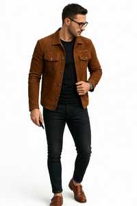 ONETEN <b>Men</b> Brown <b>Suede</b> <b>Jacket</b> Turn Down Collar Button Front Chest Pockets Casual Autumn Coat - Product Image 6