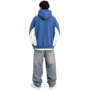 Men's Blue <b>White</b> Color Block Hooded Sweatshirt Raglan Sleeve Oversized Cotton French Terry Casual Autumn Wear Pocket Front Print - Product Image 6