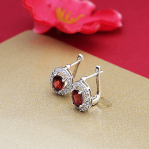 Boucles d'oreilles ovales halo en rubis brillant, faites à la main en Inde, en argent sterling 925, bijoux en pierres précieuses pour femmes et jeunes filles - Product Image 4