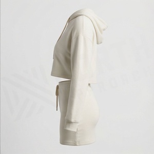 <b>Women's</b> 2 Piece Knitted Hoodie <b>Set</b> Cream Solid Color Casual Above Knee Skirt and Cropped Top Full Sleeve Regular Fit All Seasons - Product Image 3