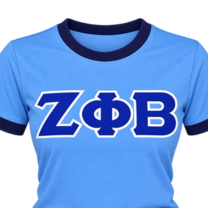 เสื้อยืด Zeta Phi Beta สำหรับผู้หญิง สีฟ้าอ่อน แต่งขอบสีกรมท่า ตัวอักษรกรีกสีน้ำเงินเข้ม ปักลาย ZOB ทรงพอดีตัว แขนสั้น เสื้อยืดชมรมนักศึกษา - Product Image 5