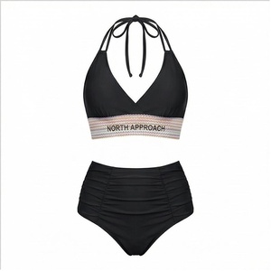 North Approach Ensemble de bikini 2 pièces noir pour femme, haut croisé à nouer, bas taille haute, couleur unie, maillot de bain extensible - Product Image 1