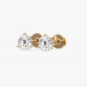 Boucles d'oreilles clous en or 14 carats avec diamant de laboratoire de forme unique, taille brillant couleur D, certifiées IGI, à trois griffes, motif gardien - Product Image 5