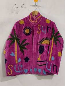 Pink <b>Velvet</b> Cotton Suzani Embroidered <b>Jacket</b> <b>Women</b> Handmade Tropical Sun Palm Heart Boho Ethnic Fashion Coat Wholesale - Product Image 1
