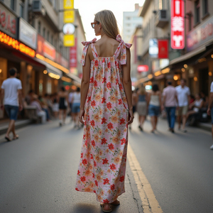 Robe longue décontractée sans manches pour femmes avec nœud d'épaules en tissu rayonne doux et coupe aérée et sangle de nœud papillon à imprimé floral - Product Image 1