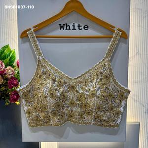 Party Wear Soft Faux Georgette with <b>Beads</b>-Sequence-Zari Work Sleeveless Padded Back-Hook V-Neck Blouse Indian Supplier - Product Image 4