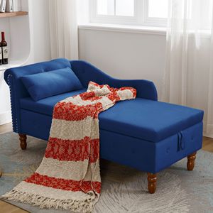 Chaise Longue Moderna in Velluto Blu Navy per Interni, Imbottita con Braccioli Arrotolati e Cuscino Contenitore, Poltrona da Camera da Letto - Product Image 1