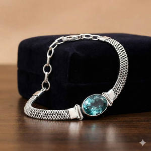 Samrat Jewels - Brazalete Fino de Plata 925 con Baño de Plata, Hecho a Mano, con Cuentas en Forma de Béisbol, Estilo Bohemio, para Mujer, con Indicolite de Corte Ovalado, Ajustable, para Regalo - Product Image 1