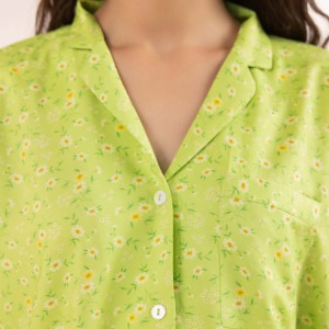 Conjunto de Pijama de Algodón Verde con Estampado Floral para Mujer, Manga Larga, Pantalón Largo, Tejido Suave, Cuello Camisero, Cierre de Botones, Estilo Casual para Primavera - Product Image 4