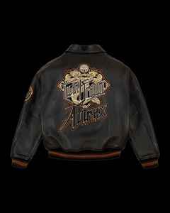 Blouson aviateur en cuir véritable pour homme, design dragon brodé, col rabattable, fermeture éclair, style moto automne - Product Image 1