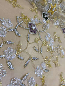 Tela de Tul con Bordado de Cuentas, Lentejuelas Doradas Champán Brillantes para Vestido de Noche, Material Elegante para Vestido de Gala - Product Image 2