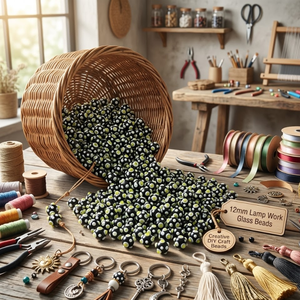 Perles en verre soufflé à la main 12 mm |   Perles de verre artisanales rondes noires avec motif de points en relief jaune citron |   Fabrication de bijoux artisanale - Product Image 3