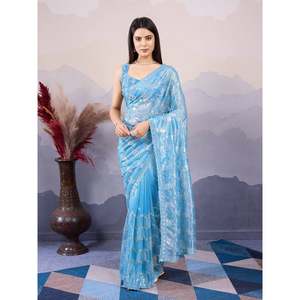 Sari de Diseño con Bordado de Red Suave, Trabajo de Lentejuelas a Mano y Blusa Sin Coser, Color Cielo - Product Image 1