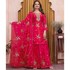 Modern Festive Fendy Silk Embroidered Kurta Set Palazzo Boring Craft Dupatta Wedding Party Ethnic Outfit For Women - Product Image 1