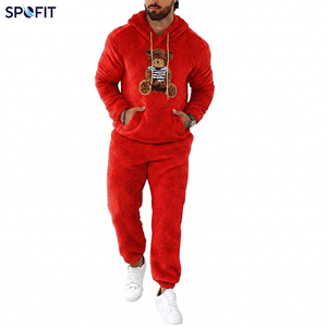 SPOFIT Men's Fleece Sherpa Tracksuit <b>Teddy</b> Bear Print Hoodie & Jogger Pants <b>Set</b> Plush <b>Lounge</b> wear Two Piece Outfit - Product Image 6