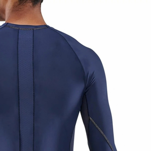 Custom Mens Navy Blue <b>Long</b> <b>Sleeve</b> <b>Compression</b> <b>Shirt</b> Contrast Chest Panel Crew Neck Fitted Gym Training Top Sportswear Base Layer - Product Image 6